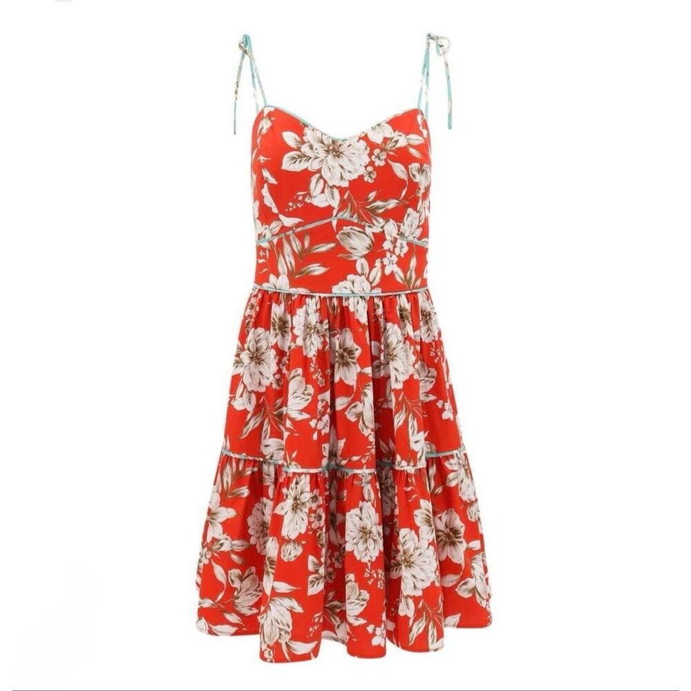 Christy Lynn Aurelia Dress Large Red Floral Tie Strap Tiered Sundress Wedding